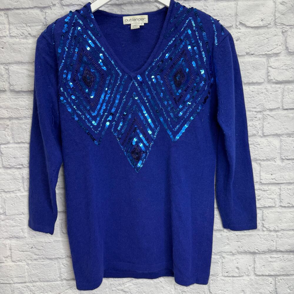 Vintage Outlander Sweater Royal Blue Sequin Size L Wool V-Neck Long 90s Holiday